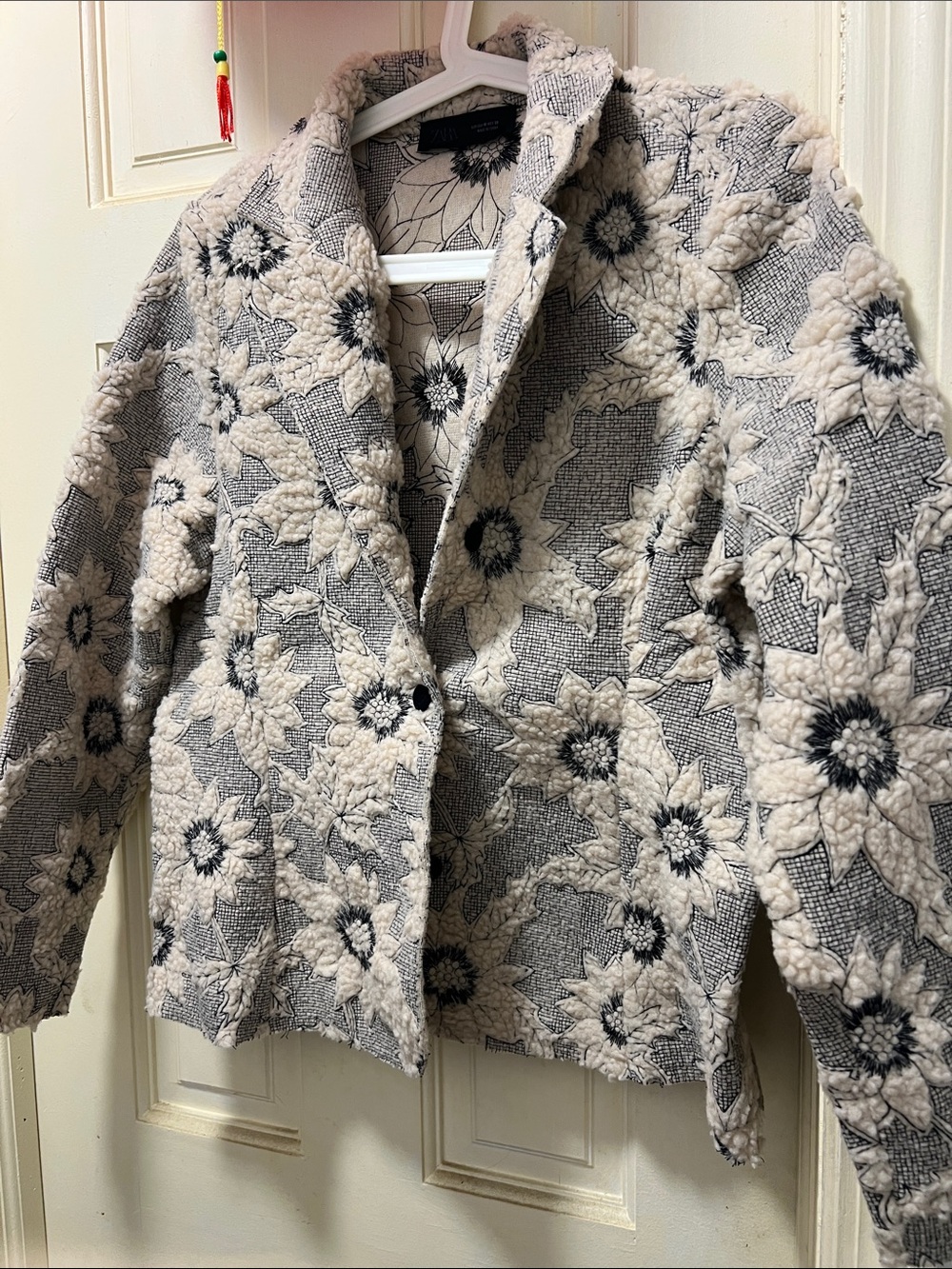 Zara Cream and Gray Floral Teddy Jacket